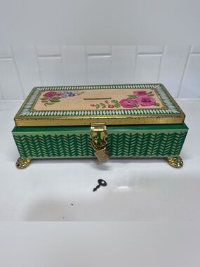 Vintage Fricke & Nacke Coin Tin Box Footed Green Flower Lock And Key W Germany